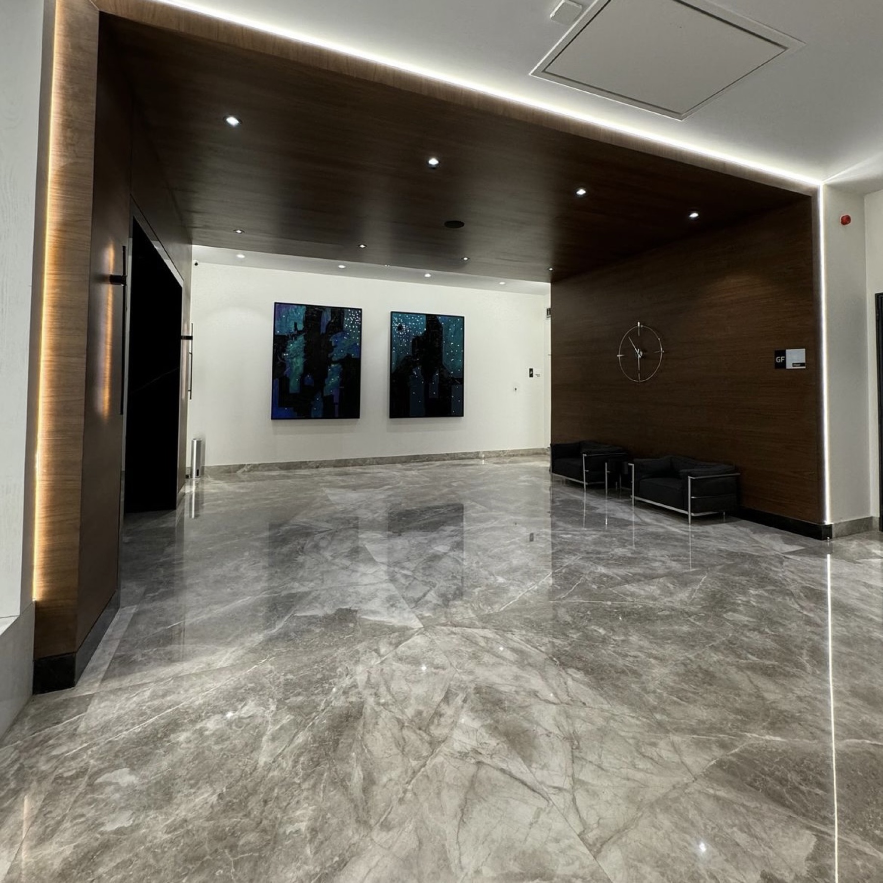 Grand lobby with reflective marble flooring